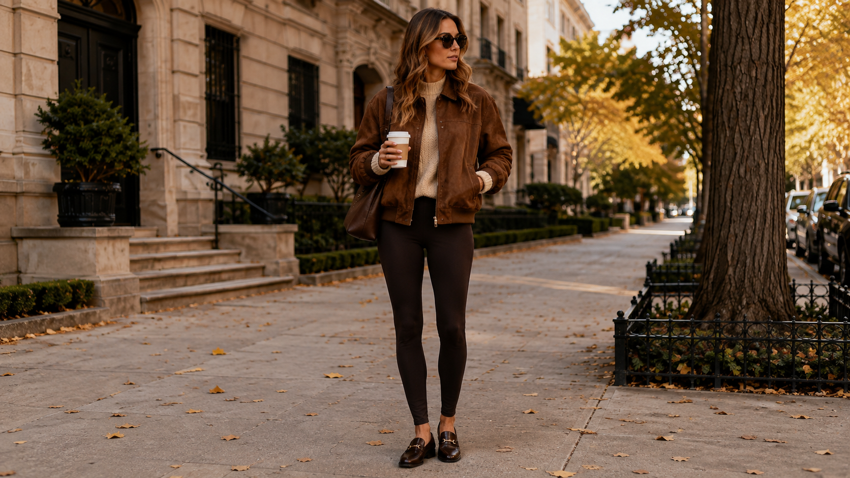 Casual Suede Bomber with High-Rise Leggings, Chunky Knit and Loafers Fall Outfit